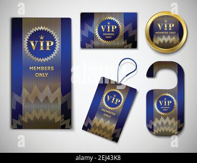 Set von vip-Mitglied Elemente glänzend schwarz Design-Vorlage mit Wappen Ornament, goldene Inschrift isoliert Vektor-Illustration Stock Vektor