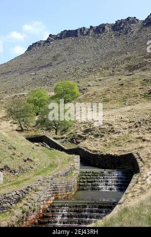 Ravenstones Crag und die Wasserrutsche, die in Dove abfließt Steinbehälter Stockfoto