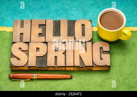 Hallo Frühling Wort abstrakt in Vintage Buchdruck Holzart mit einer Tasse Kaffee gegen Papier abstrakte Landschaft, fröhliche Grüße Stockfoto