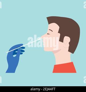 Ein Patient erhält einen Coronavirus-Test (COVID-19). DNA-Test mit nasaler (Nase) Abstrichsonde. PCR-Test. Cartoon Flache Vektor-Illustration Stock Vektor