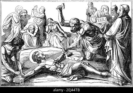 Jesus wird ans Kreuz genagelt. Kreuzigung. 11th oder elfte Station des Kreuzes oder Weg des Kreuzes oder über crucis.Vintage antike Zeichnung. Bibel, Neues Testament. Stock Vektor