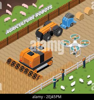 Isometrische Zusammensetzung mit Farmroboter einschließlich Drohne, kombinieren, Traktor während der Heuhaltung und Arbeiter mit Steuerungen Vektor-Illustration Stock Vektor