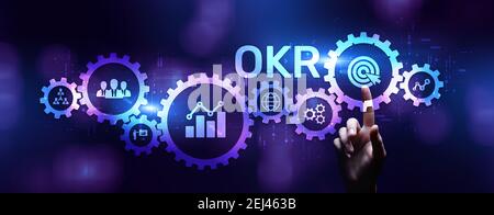 OKR-Ziel-Key-Ergebnis-Business-Finance-Konzept auf dem Bildschirm. Stockfoto