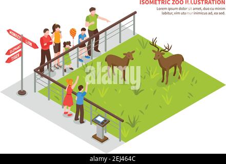 Isometrische Zoo Komposition mit editierbarem Text und Bildern von Hirsen Auf Rasen Erwachsene Besucher und Kinder Vektor-Illustration Stock Vektor