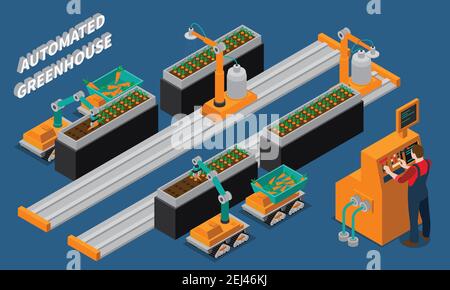 Automatisierte Gewächshaus isometrische Zusammensetzung mit Landwirtschaft Roboter und Arbeiter in der Nähe Bedienfeld auf blauem Hintergrund Vektordarstellung Stock Vektor