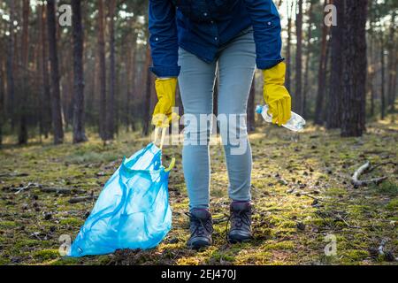 Volunteer reinigt den Wald von Plastikverschmutzung. Machen Sie unseren Planeten grün und sauber! Umweltschutzkonzept Stockfoto