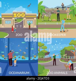 Zoo 2x2 Design-Konzept Set der Eintrag in Zoo Zookeeper ozeanarium und Tiere quadratische flache Symbole Vektor-Illustration Stock Vektor