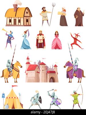 Mittelalterliche Charaktere historische Gebäude Cartoon-Symbole mit Burg Rittersteine gesetzt Zelt Bauer König Ritter Prinzessin isoliert Vektor-Illustration Stock Vektor