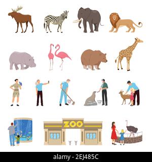 Zoo flache Ikonen Satz von Löwen Elefant Giraffe Hirsch Zebra Hippopotamus walrus Flamingos Ziegenostrich isolierte Vektor-Illustration Stock Vektor