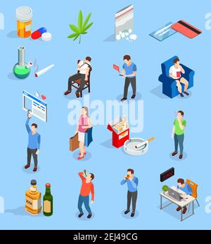 Schlechte Gewohnheiten von Menschen isometrische Symbole mit Drogen, Alkohol, Rauchen, Workaholismus, Social Media, Shopping isolierte Vektor-Illustration Stock Vektor