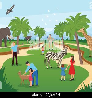 Zoo Cartoon Hintergrund mit tropischen Tieren und Menschen zu besuchen und Fotografieren von flachen Vektorgrafiken Stock Vektor
