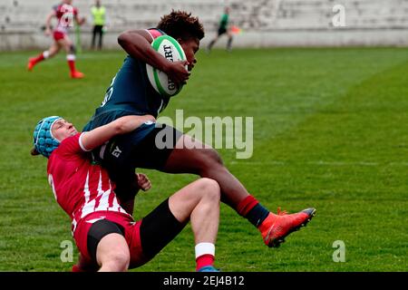 Madrid, Spanien. Februar 2021, 21th. Madrid Rugby 7s International Tournament. Frauenturnier. 1st Wochenende 2nd Tage. USA vs Russland . Complutense Universität, Madrid, Spanien. Kredit: EnriquePSans / Alamy Live Nachrichten Stockfoto