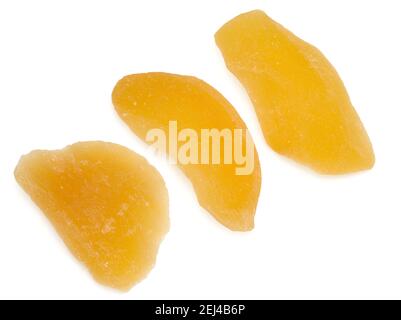 Getrocknete Mangoscheiben . Kandierte Scheiben Mangofrucht aus der Nähe. Stockfoto