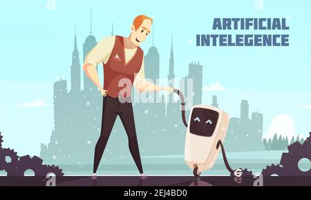 Künstliche Intelligenz Interaktion sozial mit Menschen im Alltag Cartoon Poster mit Mensch und Roboter Vektor Illustration Stock Vektor