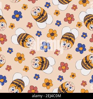 Nahtloses Vektor-Muster mit Blumen und Bienen auf hellrosa Hintergrund. Niedliche einfache Tapete-Design für Babys. Handgezeichnete Hummel. Stock Vektor