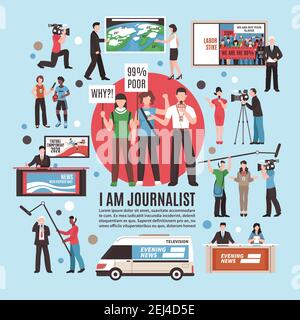 Journalist Beruf Komposition auf blauem Hintergrund mit Live-Reportage, tv-News-Programm, Wettervorhersage, Interview Vektor Illustration Stock Vektor