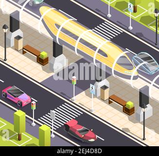 Futuristische Stadt Konstruktor isometrischen Hintergrund mit Straße Bürgersteig Autos und Abbildung des Hochgeschwindigkeits-Tram-Vektorgrafikes Stock Vektor