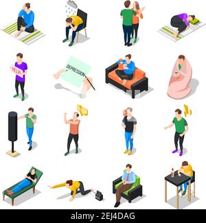 Stress und Depression Menschen isometrische Symbole Sammlung von isolierten Menschen Zeichen Umgang mit Stress in verschiedenen Situationen Vektor-Illustration Stock Vektor