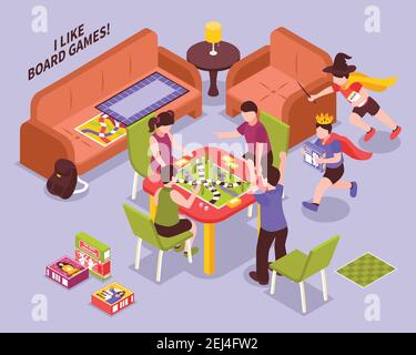 Kinder spielen Brettspiele, Jungen laufen in Kostümen Szene auf lila Hintergrund isometrische Vektor-Illustration Stock Vektor