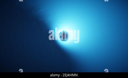 Heller Lichtkreis auf einer blauen strukturierten Oberfläche. Abstrakter Hintergrund, digitales Rendern. Stockfoto