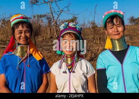 Drei Padaung-Frauen lachen, Loikaw-Gebiet, Kayah-Staat, Myanmar Stockfoto