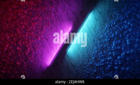 Cyan und Magenta Neonlichter mit Würfeln und Kugeln. Abstrakter Hintergrund. Digitales Rendern. Stockfoto