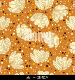 Florales Muster-Design mit Blumen-Silhouetten, Punkten und kleinen Kreisen auf goldenem Hintergrund Stock Vektor