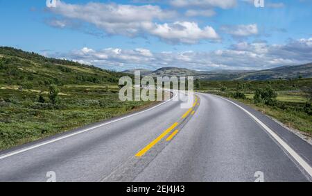 Straße durch Tundra, Landstraße, Dovrefjell Nationalpark, Oppdal, Norwegen Stockfoto