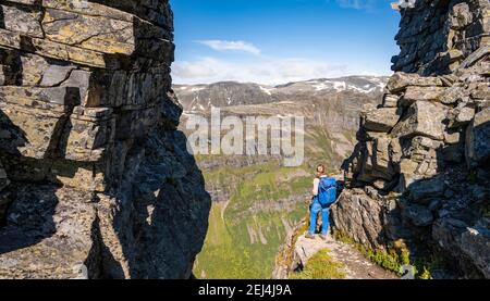 Wanderer auf einem Wanderweg zum Innerdalstarnet, Innerdalen Hochtal, Berge, Trollheimen Berggebiet, Sunndal, Mehr Og Romsda, Vestlandet Stockfoto