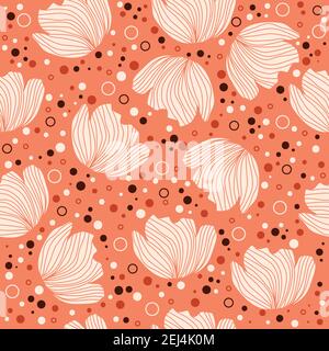 Florales Musterdesign mit Blumen-Silhouetten, Punkten und kleinen Kreisen auf orangefarbenem Hintergrund Stock Vektor