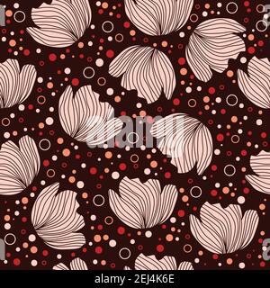 Florales Muster-Design mit Blumen-Silhouetten, Punkten und kleinen Kreisen auf braunem Hintergrund Stock Vektor