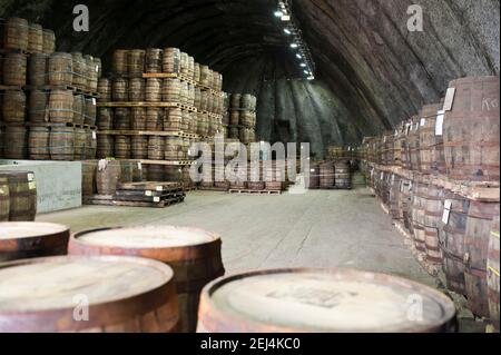 Viele Whiskyfässer lagern in der Kilbeggan Distillery oder Locke's Distillery, Distillery, Kilbeggan, County Westmeath, Irland Stockfoto