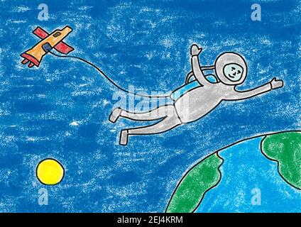 Naive Illustration, Kinderzeichnung, Astronaut mit Raumschiff schwimmt über die Erde, Österreich Stockfoto