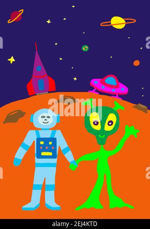 Naive Illustration, Kinder Zeichnung, Astronaut schüttelt Hände mit Alien auf dem Planeten, Österreich Stockfoto