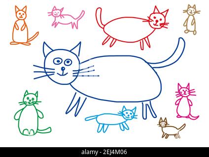 Naive Illustration, Kinder Zeichnung von verschiedenen Katzen, Österreich Stockfoto