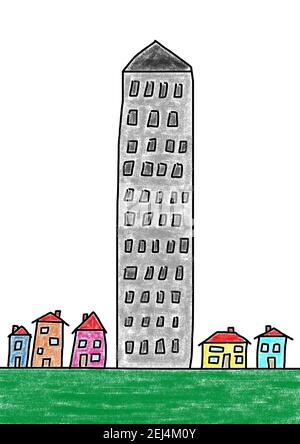 Naive Illustration, Kinderzeichnung, Wolkenkratzer allein zwischen Häusern Stockfoto