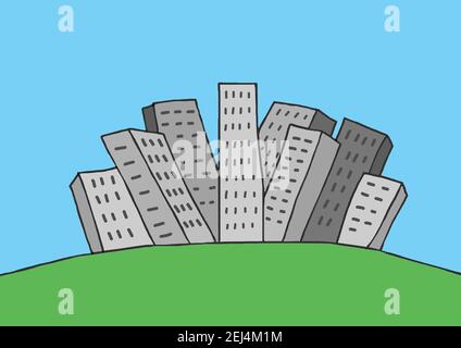 Naive Illustration, Kinderzeichnung, Blick auf die Stadt mit Wolkenkratzern Stockfoto