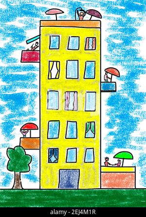 Naive Illustration, Kinderzeichnung, Wolkenkratzer mit entspannten Menschen auf dem Balkon Stockfoto