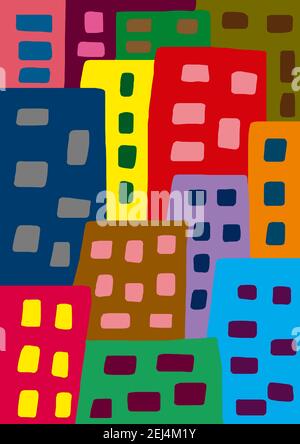 Naive Illustration, Kinderzeichnung, Blick auf die Stadt mit bunten Wolkenkratzern Stockfoto