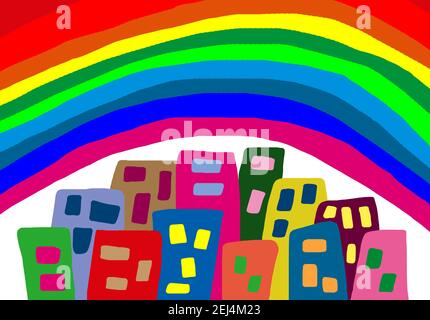 Naive Illustration, Kinderzeichnung, Blick auf die Stadt mit bunten Wolkenkratzern mit Regenbogen Stockfoto