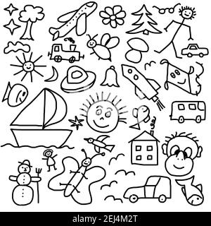 Naive Illustration, Kinder Zeichnung von Sommer-Symbole Reise-Symbole und Tiere Stockfoto