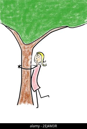 Naive Illustration, Kind Zeichnung, glückliches Mädchen umarmt einen Baum Stockfoto