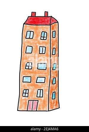 Naive Illustration, Kinder zeichnen, Wolkenkratzer allein stehen Stockfoto