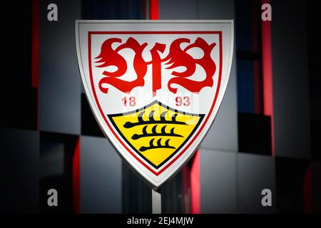 Logo des VfB Stuttgart, Carl-Benz Center, Fanshop, Mercedes-Benz Arena, Stuttgart, Baden-Württemberg, Deutschland Stockfoto