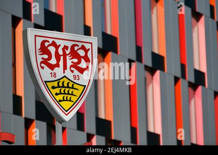 Logo des VfB Stuttgart, Carl-Benz Center, Fanshop, Mercedes-Benz Arena, Stuttgart, Baden-Württemberg, Deutschland Stockfoto