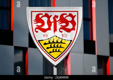 Logo des VfB Stuttgart, Carl-Benz Center, Fanshop, Mercedes-Benz Arena, Stuttgart, Baden-Württemberg, Deutschland Stockfoto