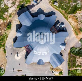 Luftaufnahme, Vogelperspektive, Besucherzentrum, Polarkreis Zentrum, am Polarkreis, Saltfjellet, Rana, Nordland, Norwegen Stockfoto