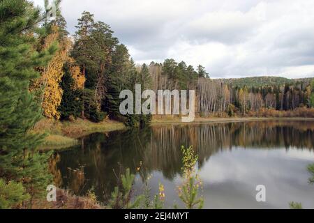 Atemberaubende Herbstlandschaft. Bunte Bäume am Ufer eines Waldsees. Stockfoto