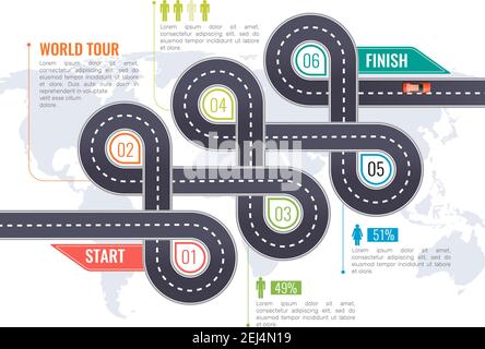 Navigationskarte Infografiken Layout mit kurvenreichen Straßenteilen Start und Endposition und Phasenstruktur flache Vektordarstellung Stock Vektor