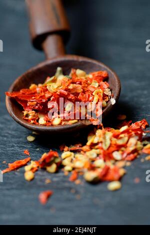 Getrocknete Chilischoten mit Holzlöffel, Chilischoten, Cayenne, Paprika, Chilischoten, Paprika, Tabasco, Piri-Piri Stockfoto